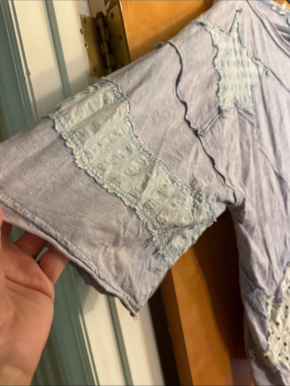 Oli & Hali Star Patchwork Top Acid Wash Light Lavender Blue XL Oversized - Picture 4 of 4